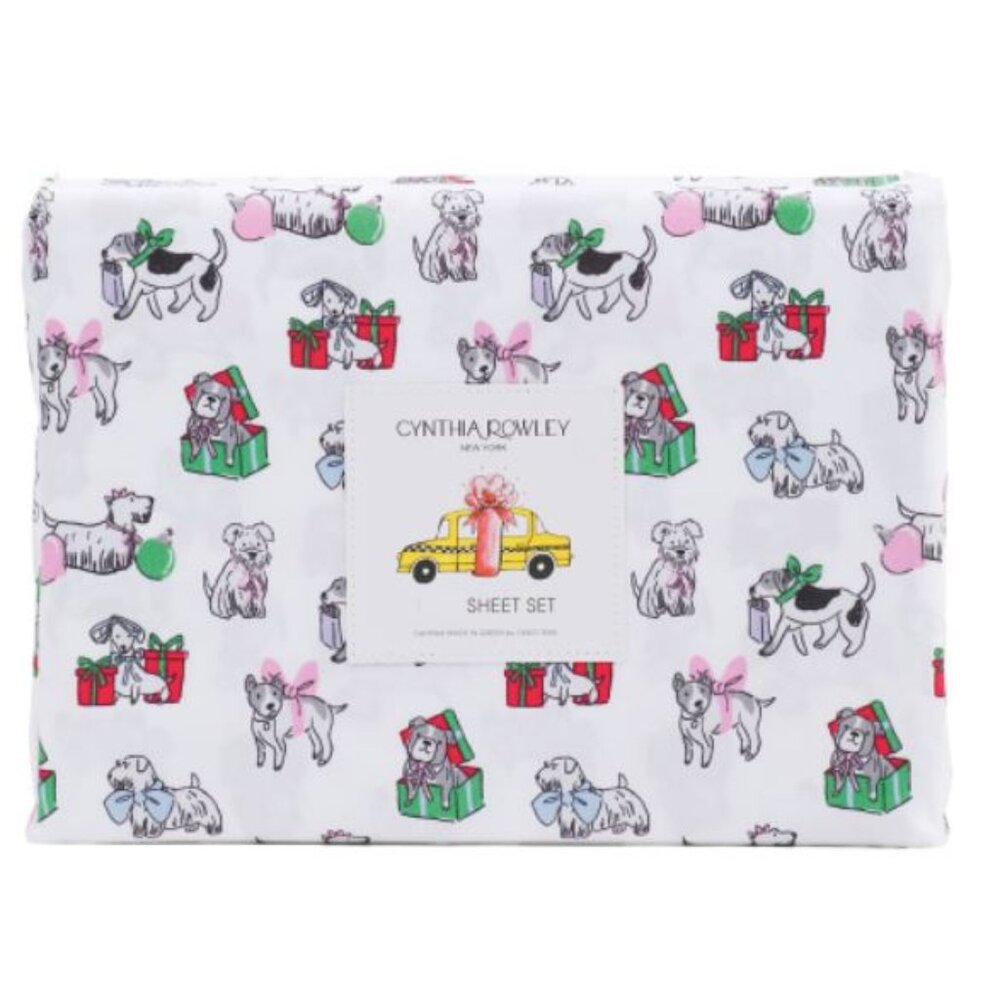 NWT CYNTHIA ROWLEY Puppy Holiday Cheer Queen Sheet Set